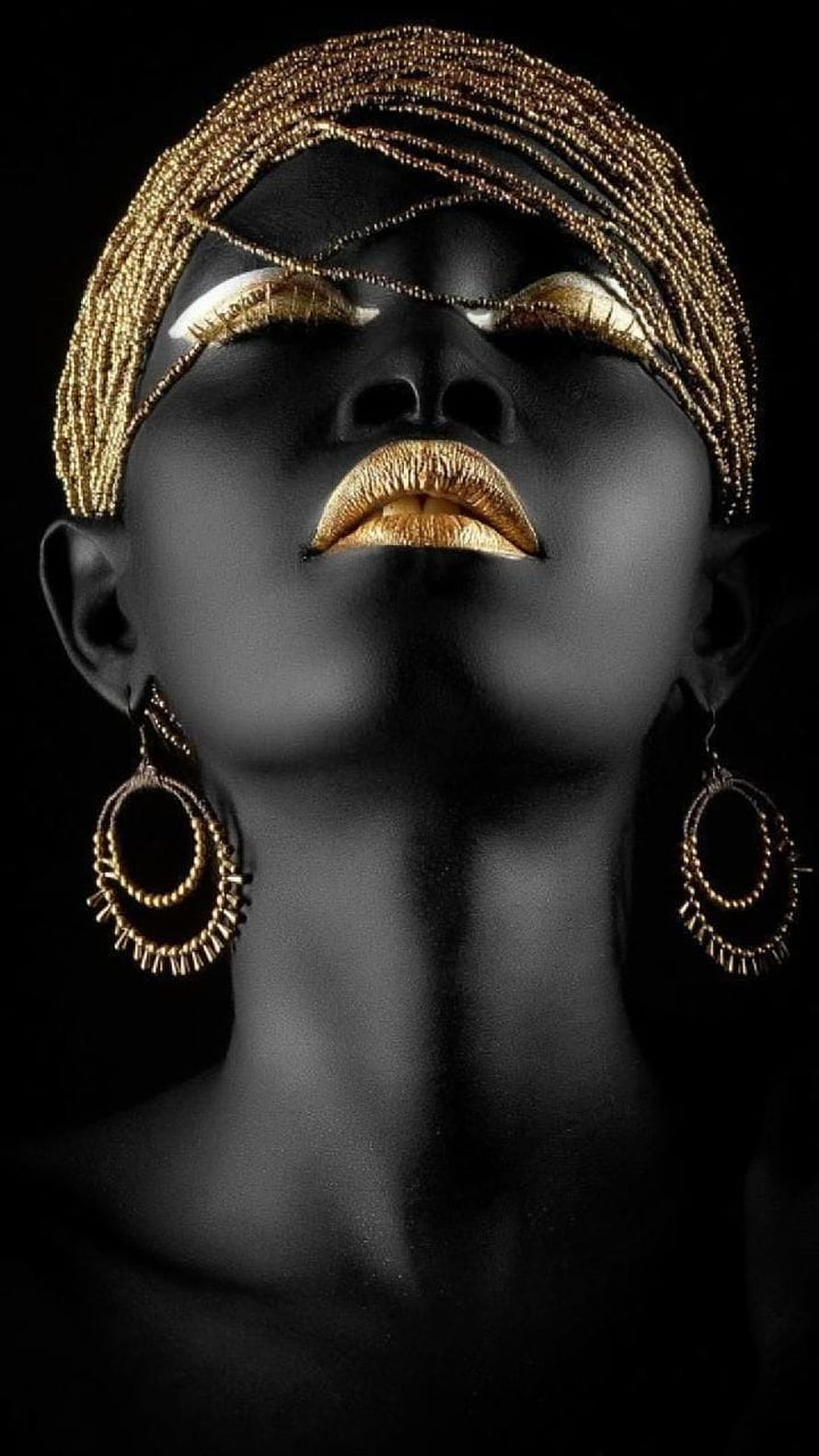 Elegant Portrait of Woman with Gold Beaded Headpiece and Metallic Makeup, Golden make up by georgekev, african women black gold HD phone wallpaper