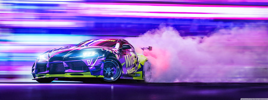 Toyota Supra drifting through neon-lit night with smoke trail and vibrant purple lighting HD wallpaper
