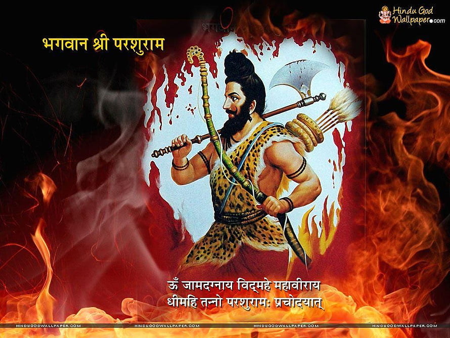 Lord Parshuram warrior deity illustration with axe and bow in fiery flames HD wallpaper