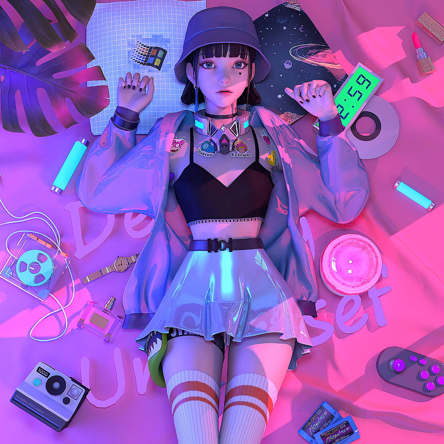 Cyberpunk Anime Girl in Neon Pink and Blue Futuristic Fashion HD phone wallpaper