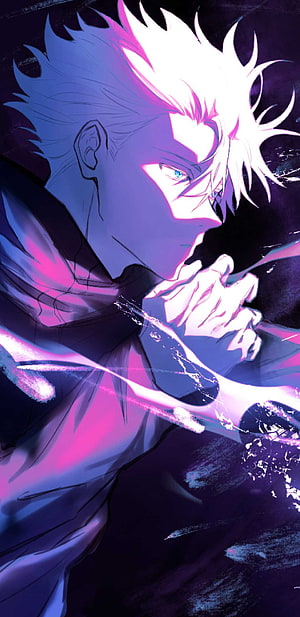 Gojo Satoru from Jujutsu Kaisen in a dramatic anime style portrait with neon purple and blue lighting HD phone wallpaper