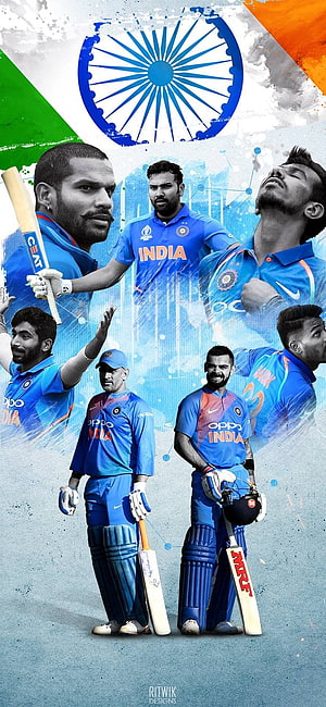 Indian Cricket Team Players in Blue ODI Uniforms with National Flag and Ashoka Chakra HD phone wallpaper