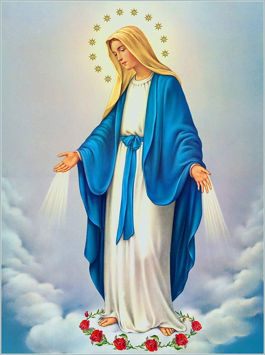 Our Lady of Fatima standing on clouds with blue mantle, white robe, golden stars halo, and red roses, Immaculate Conception POSTER A2 Virgin Mary print Our Lady Blessed Mother Holy Mary painting Catholic posters prints, mother mary HD phone wallpaper