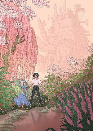 Howl's Moving Castle Springtime Garden Scene with Two Characters HD phone wallpaper