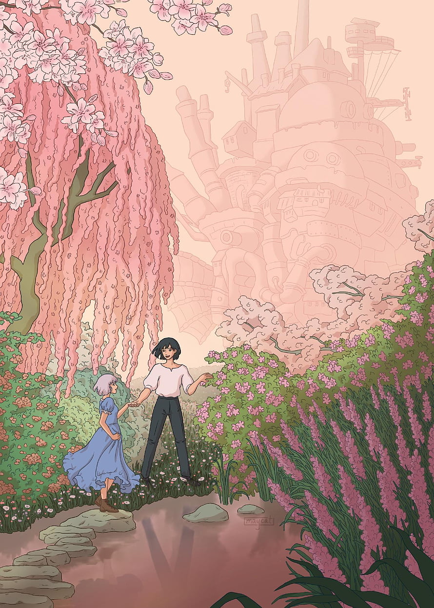 Howl's Moving Castle Springtime Garden Scene with Two Characters HD phone wallpaper