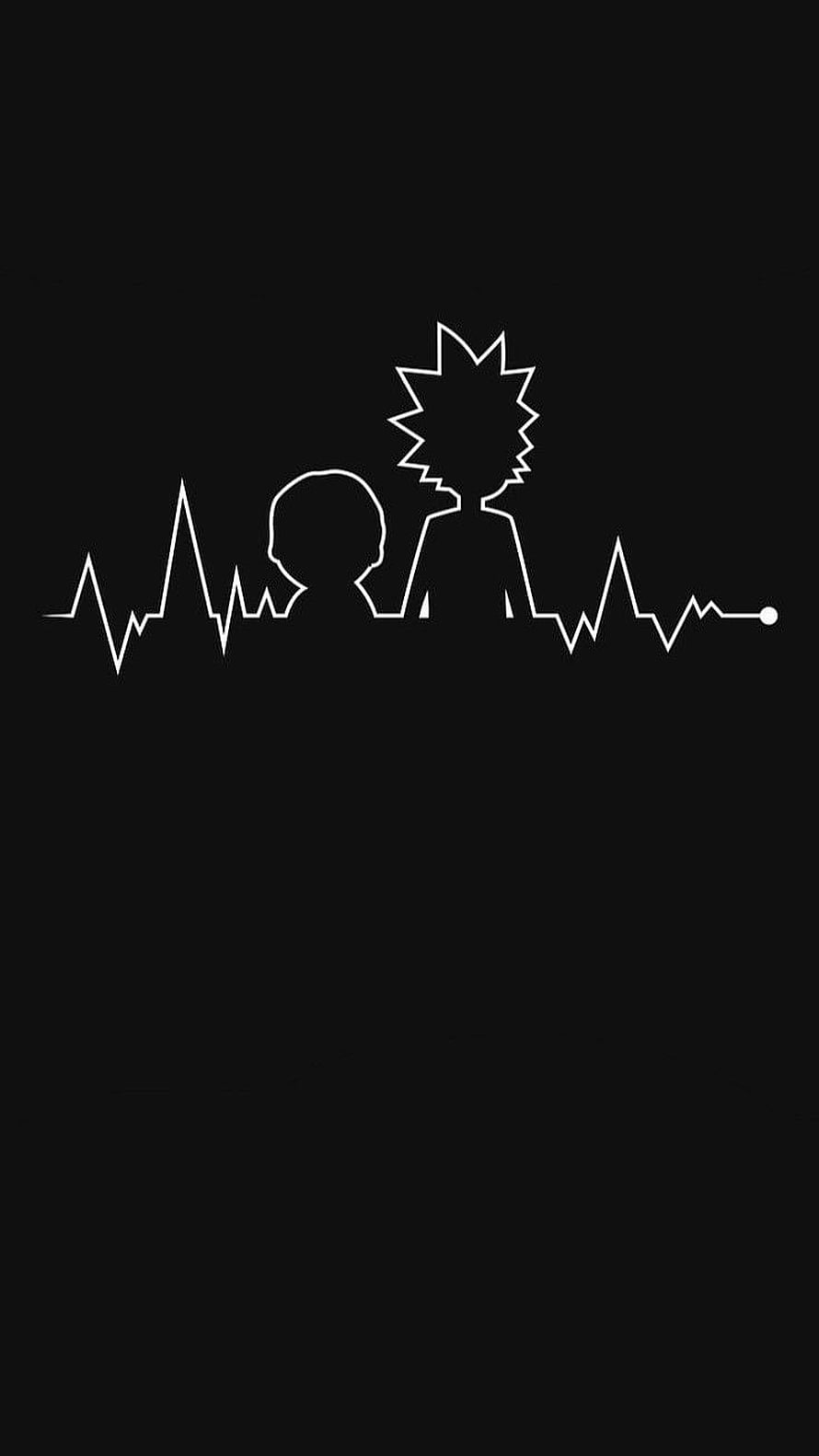 Rick and Morty Minimalist Heartbeat Line Art on Black Background HD phone wallpaper