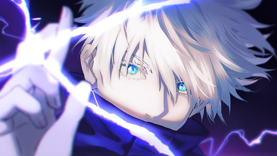 Satoru Gojo Anime Character With Electric Blue Eyes And White Hair HD wallpaper