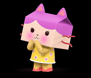 Gabby's Dollhouse Character in Yellow Heart Dress with Purple Hair and Cardboard Cat Head HD wallpaper