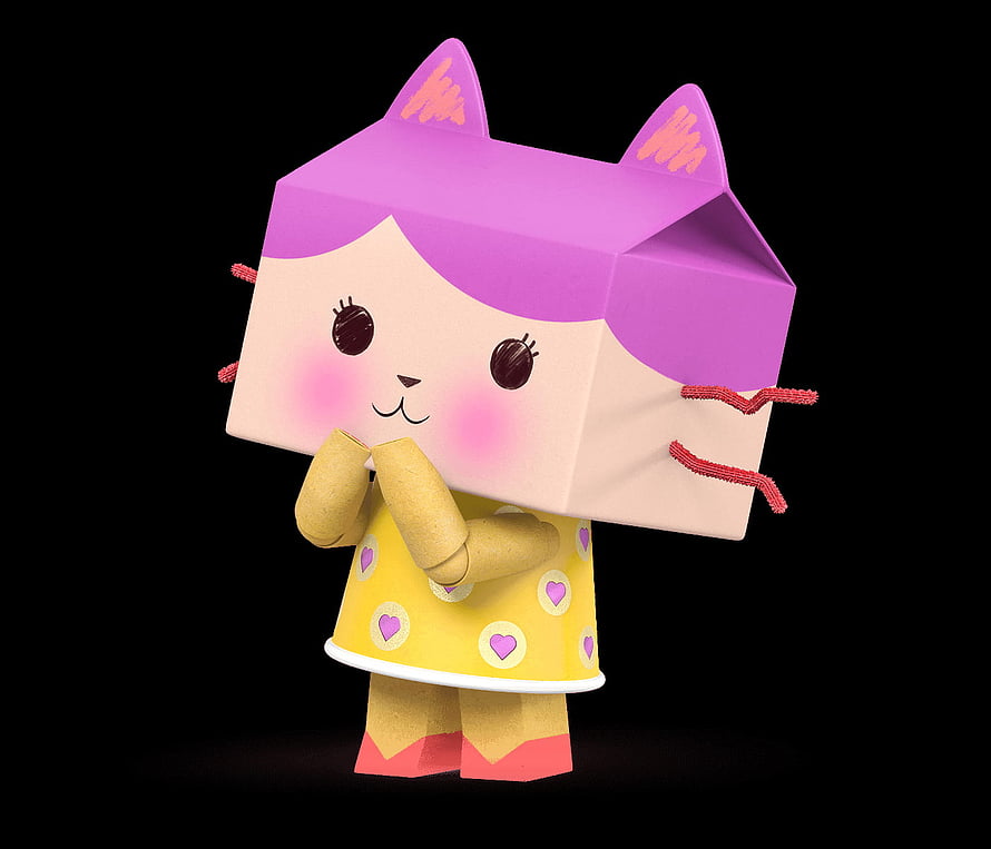 Gabby's Dollhouse Character in Yellow Heart Dress with Purple Hair and Cardboard Cat Head HD wallpaper
