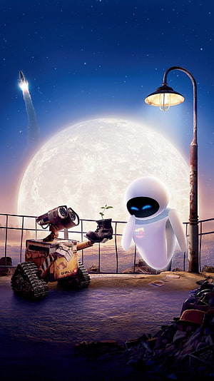 WALL-E and EVE sharing a tender moment under a full moon with a rocket launch in the night sky HD phone wallpaper
