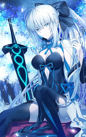 Morgan le Fay Anime Character with Glowing Blue Sword and Black Bow HD phone wallpaper