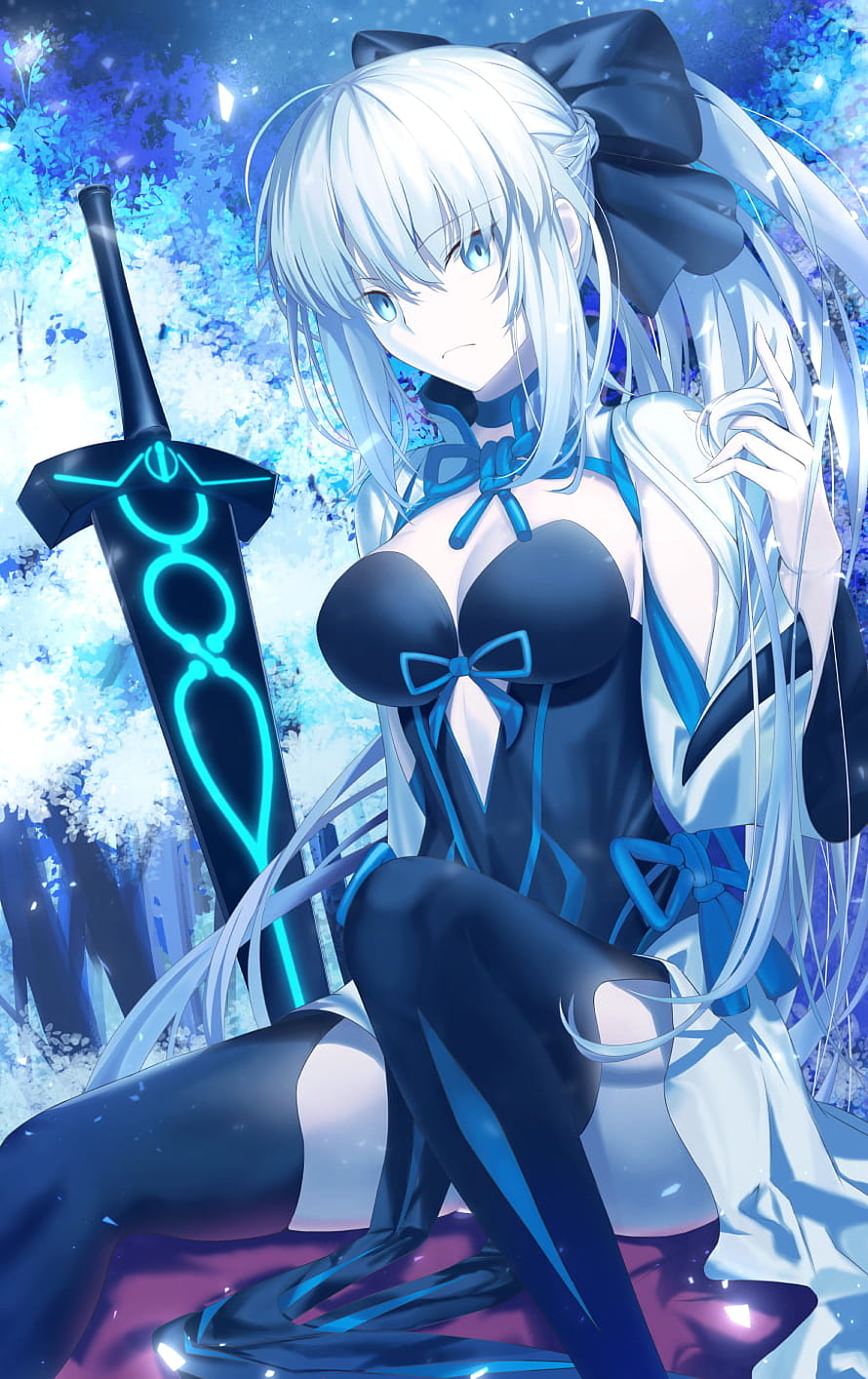 Morgan le Fay Anime Character with Glowing Blue Sword and Black Bow HD phone wallpaper