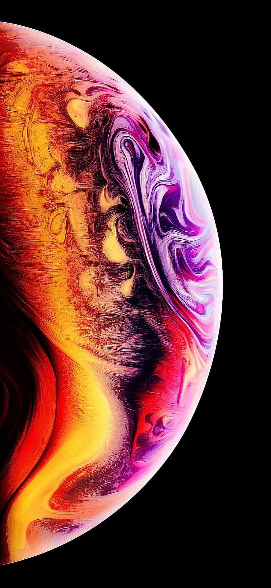 Vibrant Swirling Abstract Sphere with Fiery Orange and Purple Hues on Black Background HD phone wallpaper