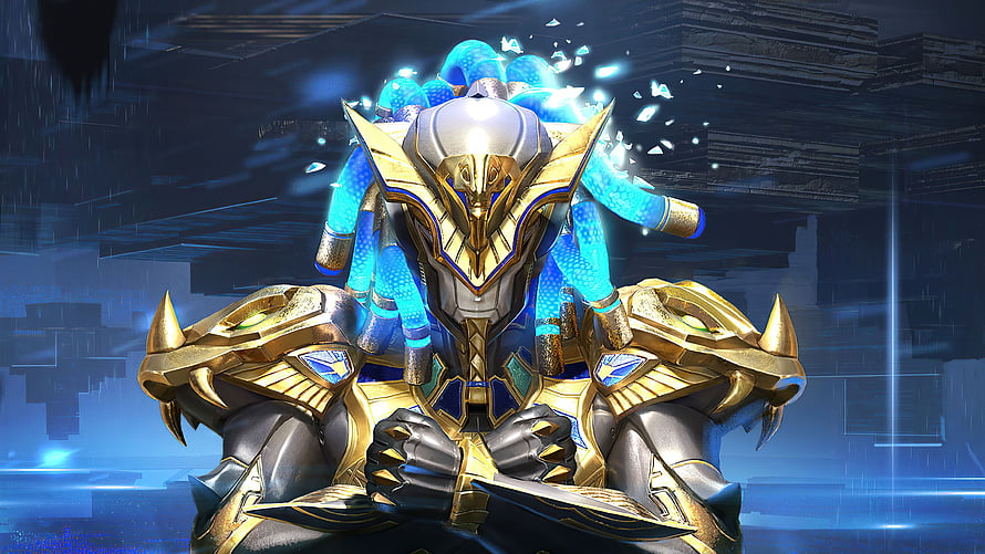 PUBG Golden Pharaoh X Suit Character in Ornate Gold and Blue Armor HD wallpaper