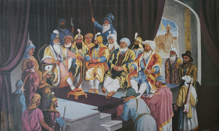Historical Painting of Maharaja Ranjit Singh and His Court in Traditional Attire HD wallpaper
