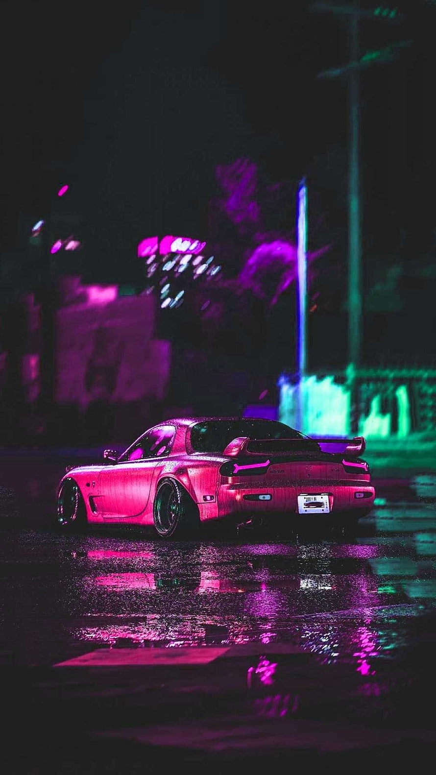 Pink Mazda RX-7 FD Night Drive in Neon Rain HD phone wallpaper