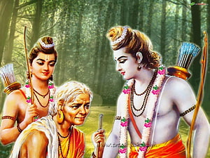 Ram and Sita with Sage Vishwamitra in a Forest Setting HD wallpaper