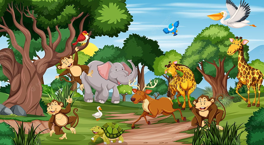 Colorful Cartoon Jungle Scene Featuring Monkeys, Giraffes, Elephant, Deer, and Birds in a Lush Forest HD wallpaper