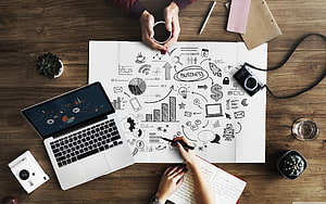 Overhead view of business planning session with hand-drawn strategy sketches, laptop, and coffee on a wooden desk HD wallpaper