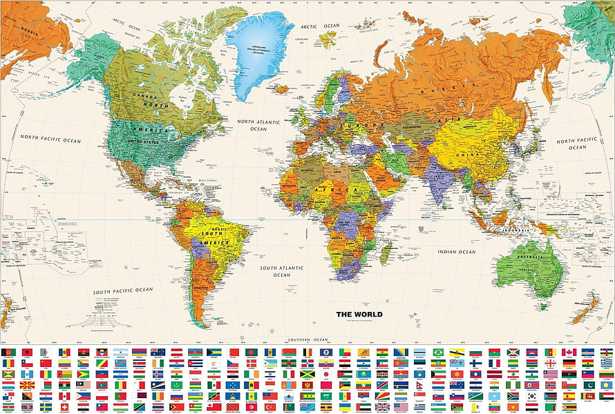 Detailed Political World Map with Country Flags and Topographical Color Coding HD wallpaper