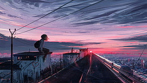 Anime Girl Sitting on Rooftop Overlooking City at Sunset with Lofi Aesthetic HD wallpaper