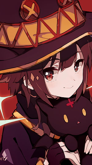 Anime girl with brown hair and red eyes wearing a large witch hat and dark outfit HD phone wallpaper