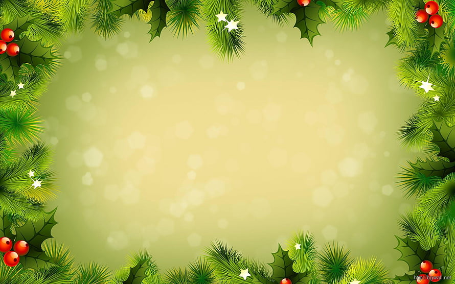 Festive Christmas Border With Pine Branches, Holly Berries, and Sparkling Stars on Soft Bokeh Background HD wallpaper
