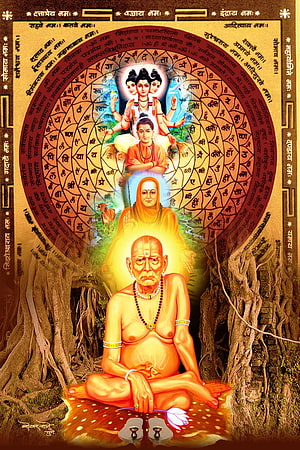 Swami Samarth Spiritual Portrait with Divine Figures and Sanskrit Mantra Mandala HD phone wallpaper