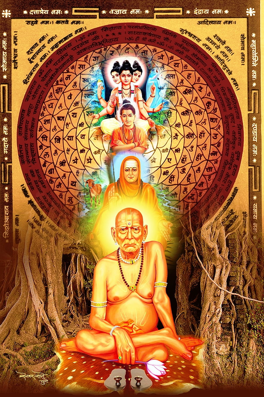 Swami Samarth Spiritual Portrait with Divine Figures and Sanskrit Mantra Mandala HD phone wallpaper