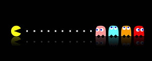 Pac-Man and Ghosts Chasing Dots on Black Background with Reflections, Pac Man Dual Monitor, 2 monitor HD wallpaper