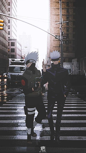 Kakashi Hatake and Gojo Satoru standing together on a rainy city street crosswalk HD phone wallpaper