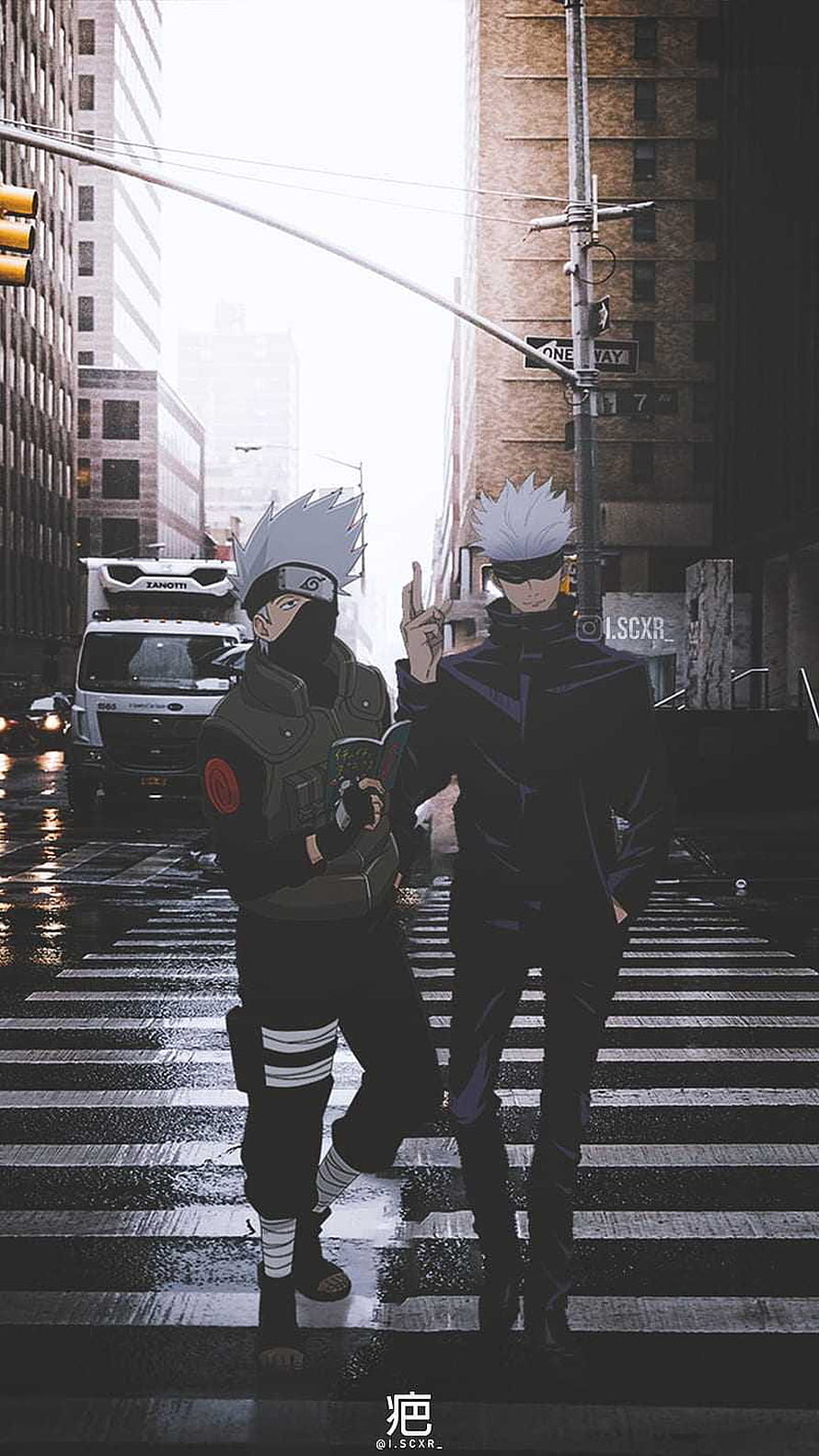 Kakashi Hatake and Gojo Satoru standing together on a rainy city street crosswalk HD phone wallpaper