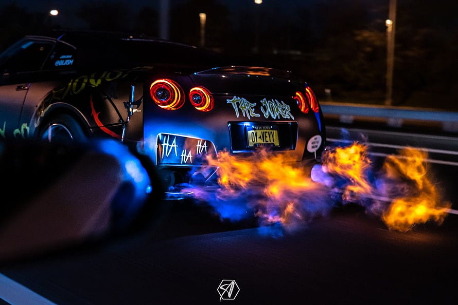 Nissan GT-R R35 Drifting with Flames and Smoke at Night HD wallpaper