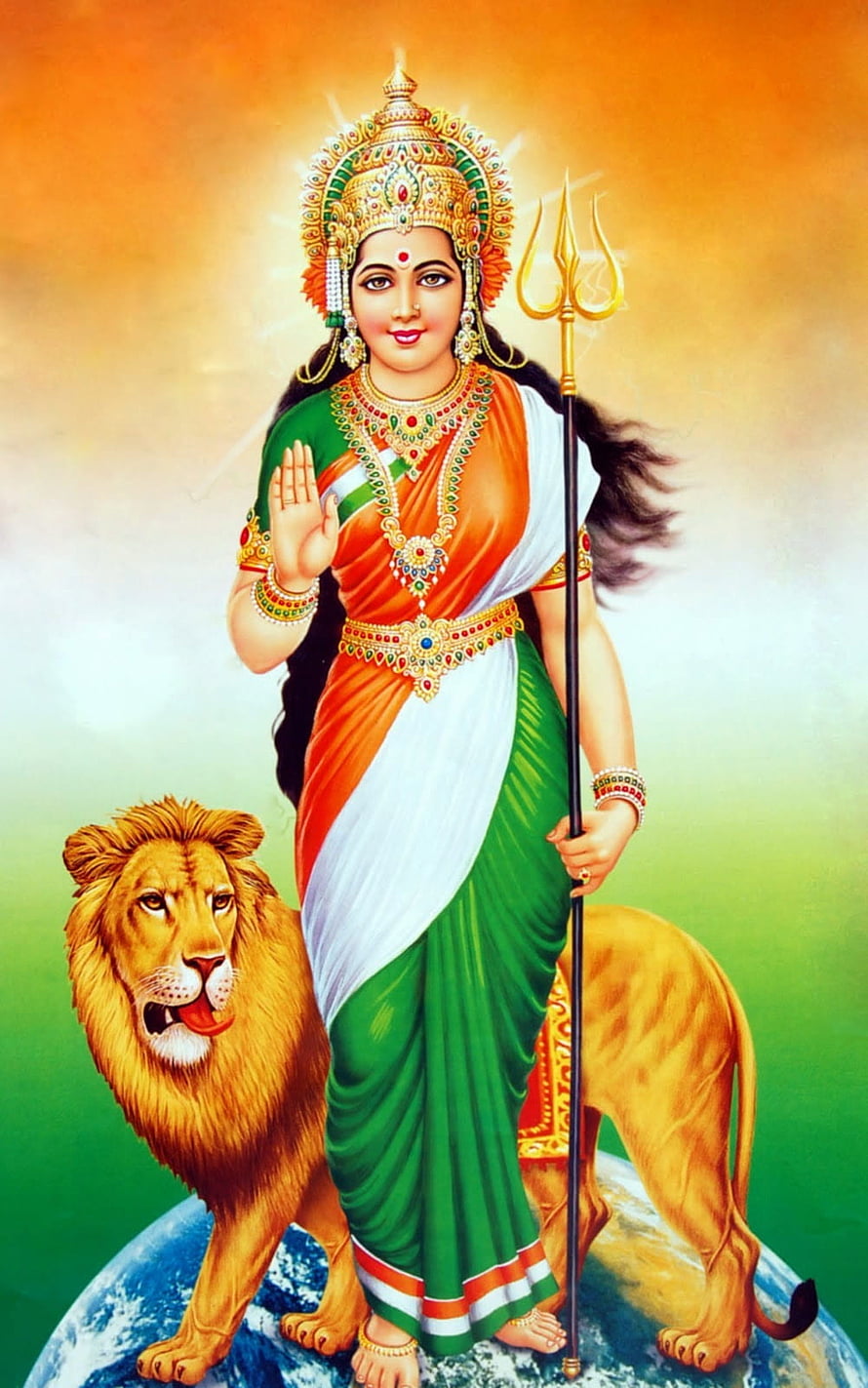 Bharat Mata in Indian Flag Saree Standing on Globe with Lion and Trident HD phone wallpaper