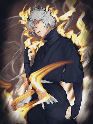 Gojo Satoru from Jujutsu Kaisen anime character digital art wallpaper with flames HD phone wallpaper