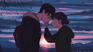 Romantic Anime Couple at Sunset with City Skyline Background, Falling in love ~Lofi hip hop mix~ beats to relax/study to ~ focus music, love lofi HD wallpaper