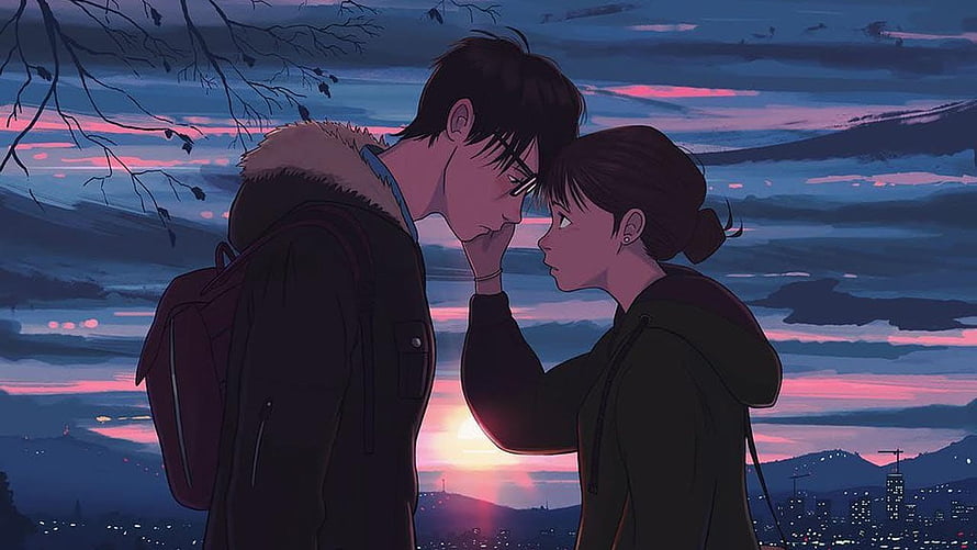 Romantic Anime Couple at Sunset with City Skyline Background, Falling in love ~Lofi hip hop mix~ beats to relax/study to ~ focus music, love lofi HD wallpaper