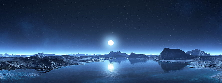 Serene Moonlit Landscape with Starry Sky and Reflective Water HD wallpaper