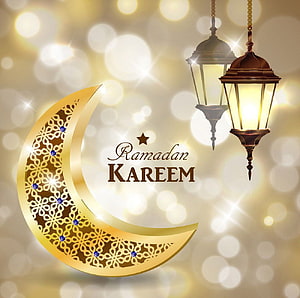 Golden Crescent Moon and Lanterns for Ramadan Kareem Celebration HD wallpaper