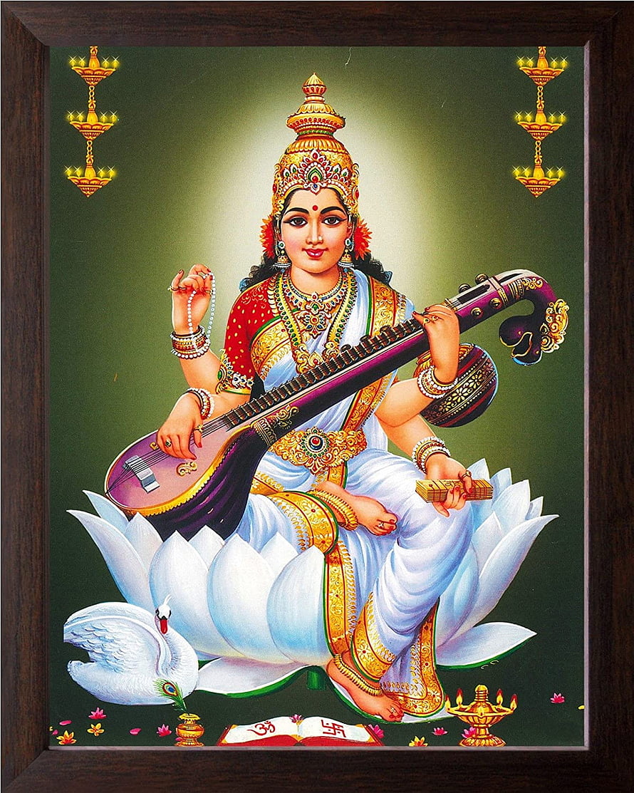 Goddess Saraswati Playing Veena on White Lotus with Peacock and Oil Lamps HD phone wallpaper