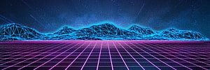 Retro Synthwave Landscape with Neon Wireframe Mountains and Grid Horizon HD wallpaper