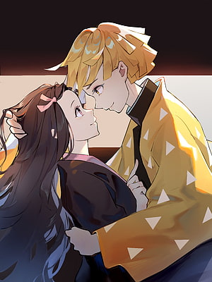 Nezuko Kamado and Zenitsu Agatsuma in an Intimate Embrace from Demon Slayer HD phone wallpaper