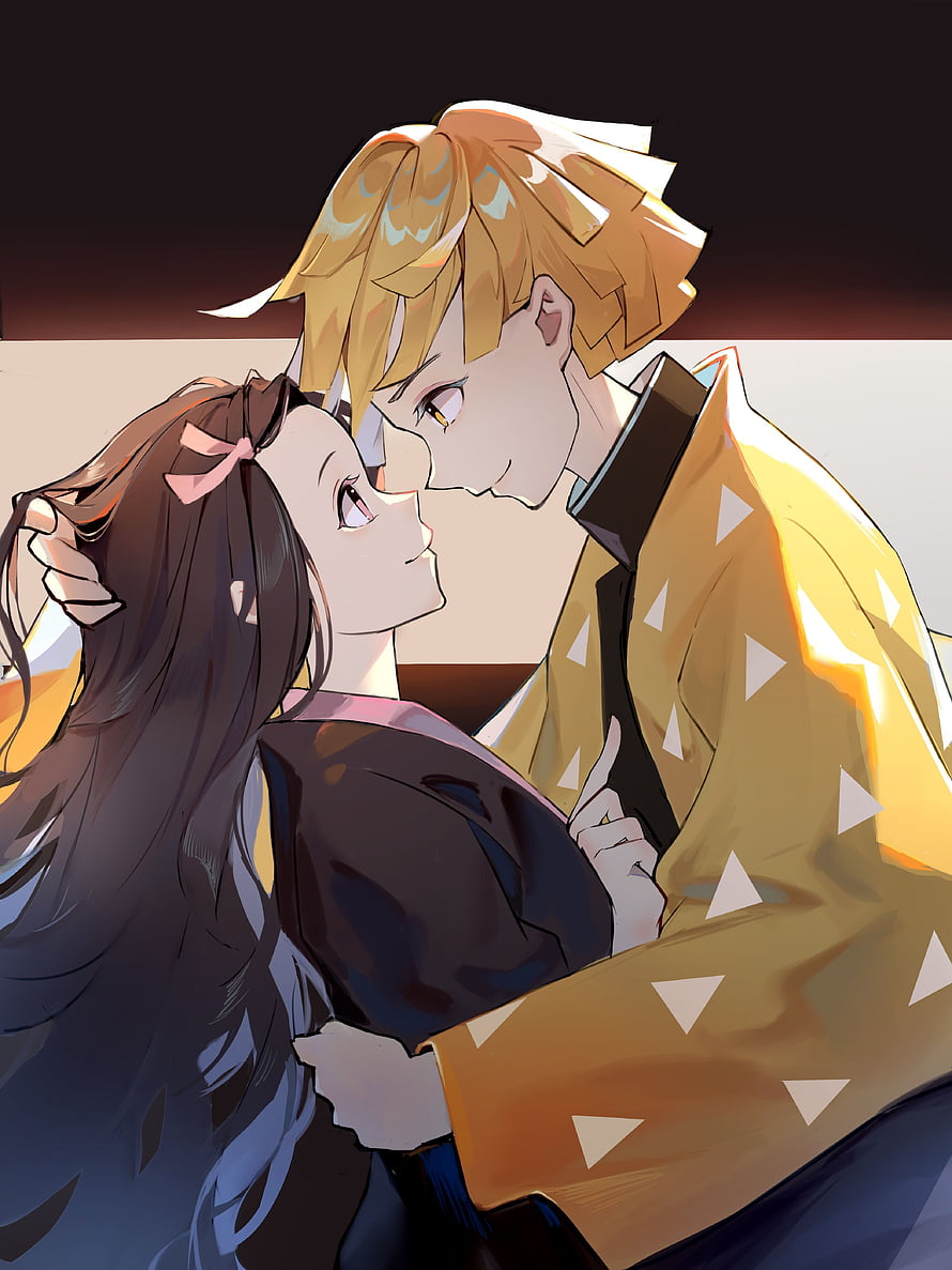 Nezuko Kamado and Zenitsu Agatsuma in an Intimate Embrace from Demon Slayer HD phone wallpaper