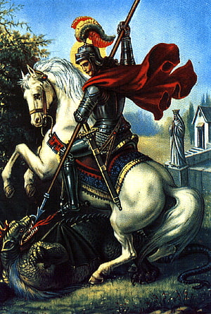 St George Slaying the Dragon on a White Horse in Classic Illustration HD phone wallpaper