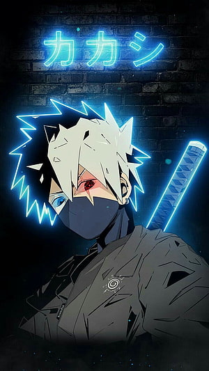 Neon Kakashi Hatake Portrait with Glowing Katana and Heterochromia HD phone wallpaper