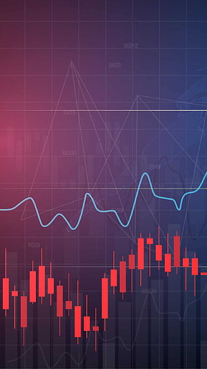 Financial Market Analysis With Red Candlestick Chart And Blue Trend Line On Gradient Background HD phone wallpaper