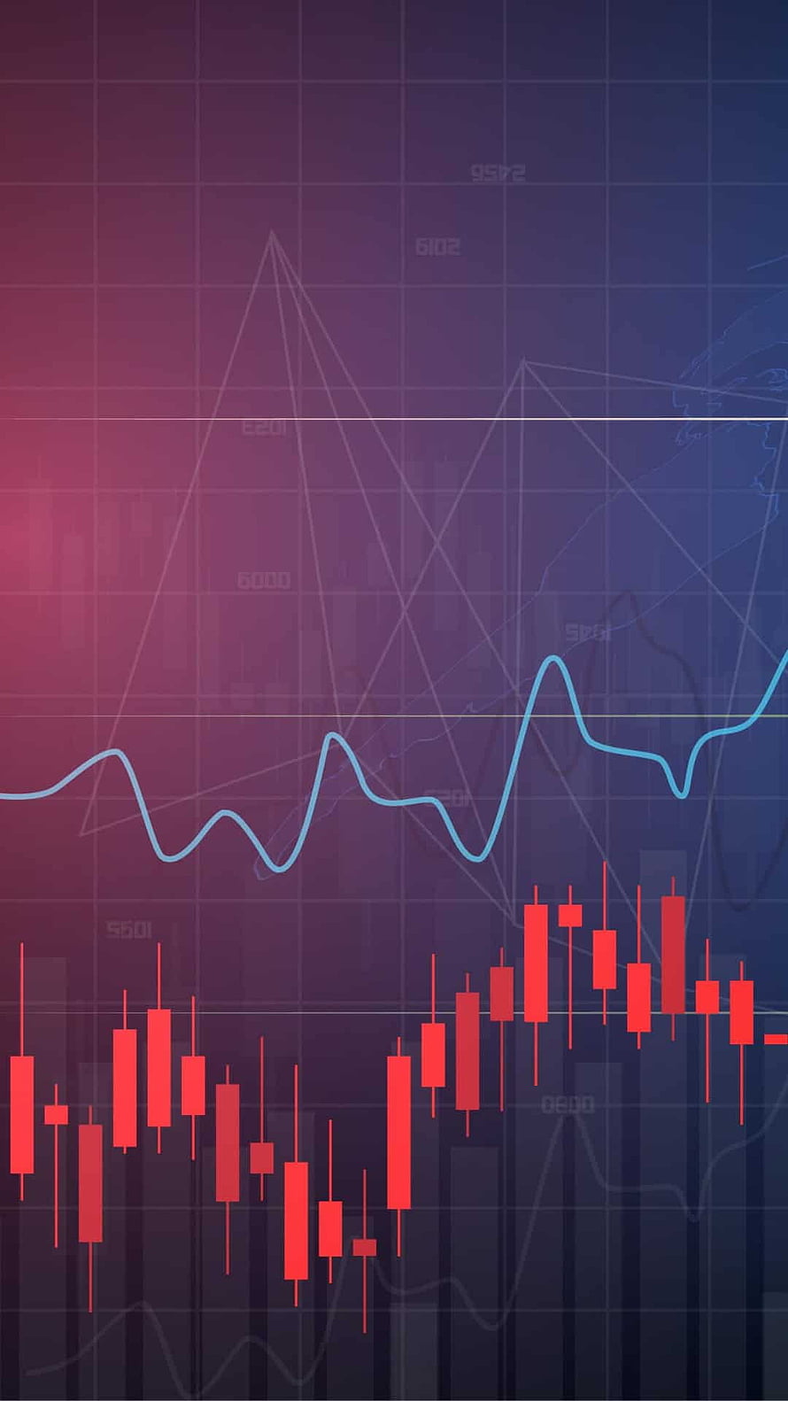 Financial Market Analysis With Red Candlestick Chart And Blue Trend Line On Gradient Background HD phone wallpaper