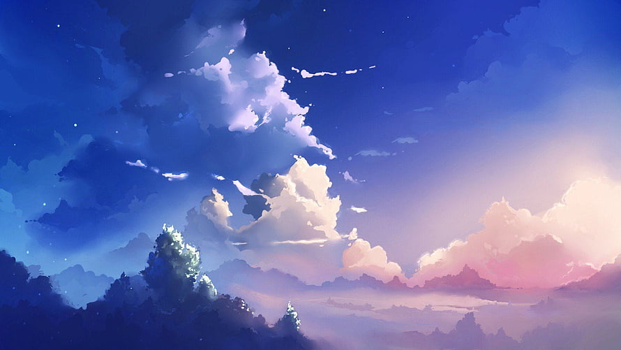 Dreamy Twilight Sky with Soft Clouds and Distant Forest Silhouettes HD wallpaper