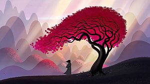 Samurai Jack Landscape With Red Tree And Distant Hills HD wallpaper