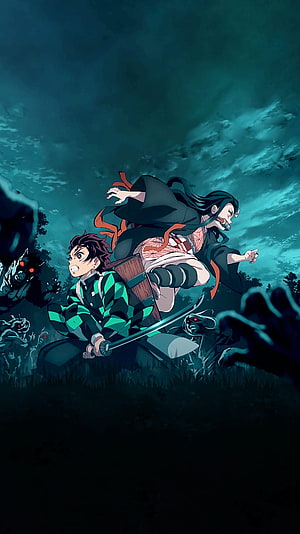 Demon Slayer Anime Artwork Featuring Tanjiro and Nezuko in a Dark Nighttime Battle Scene HD phone wallpaper
